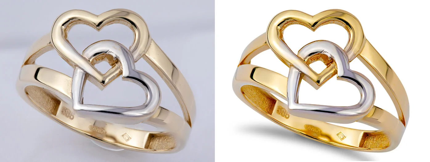 jewelry photo showing original dull image and enhanced shiny version after editing