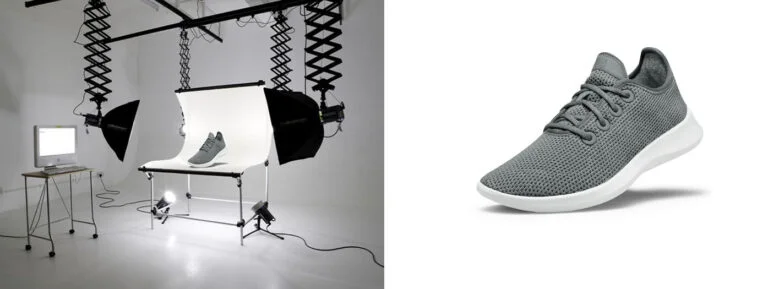 Side-by-side before and after images showing shoe background removal