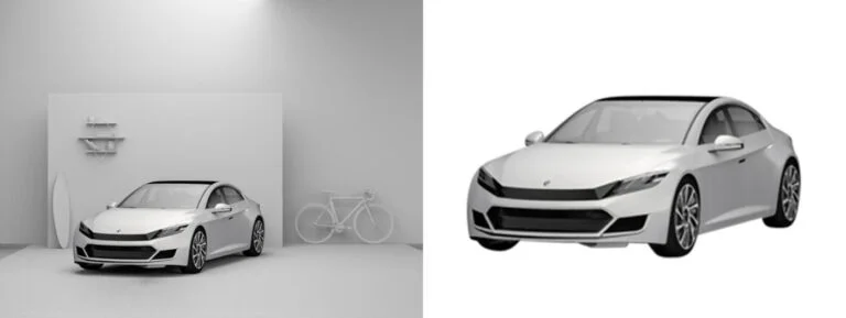 Side-by-side before and after images showing car photo background removal