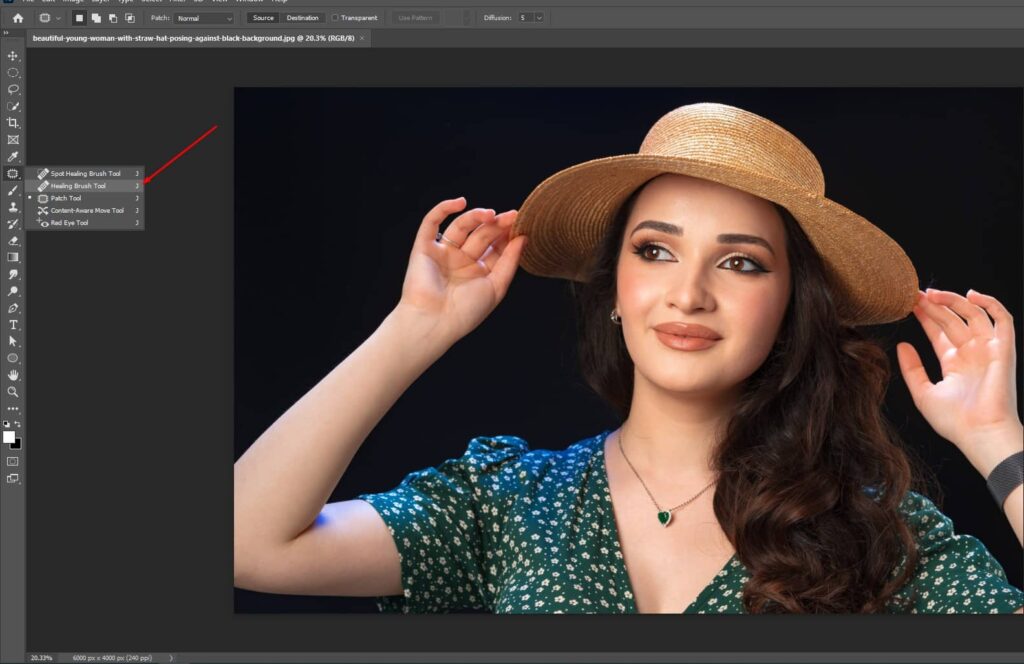 Using healing brush tool for remove Acne in Photoshop